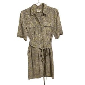 Equipment Femme Grey Yellow Snakeskin Print Short Sleeve Belted Shirt Dress 2